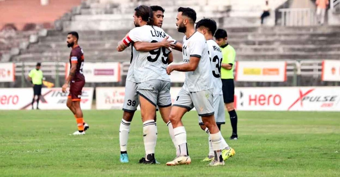 RoundGlass Punjab FC players celebrate a goal. Photo: Twitter@ILeagueOfficial