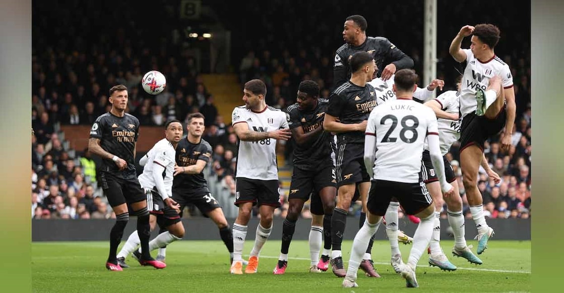 Arsenal's Gabriel scores their first goal against Fulham. Photo: Reuters/David Klein