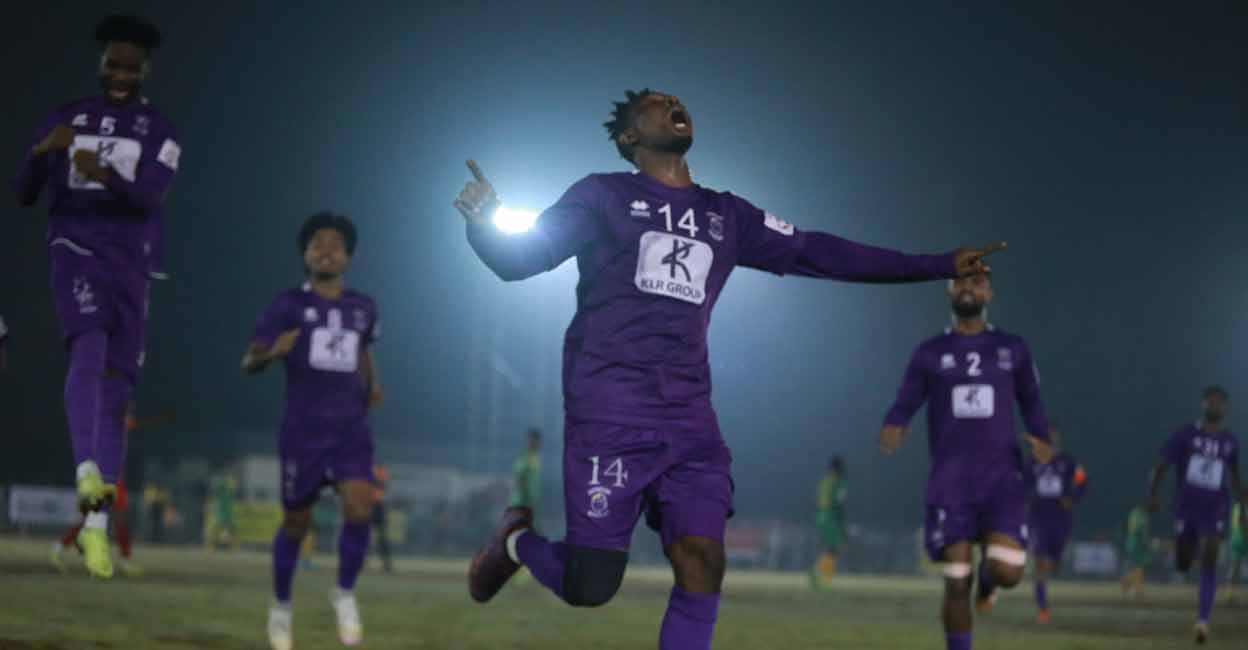 kpl-goal-celeb Kerala United's Ezekiel Oroh celebrates his goal against Wayanad United in the semifinal of the Kerala Premier League in Wayanad on Monday. Photo: KFA
