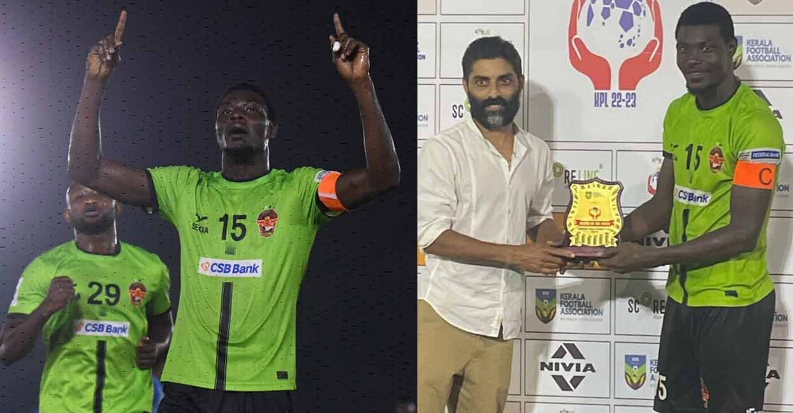Gokulam Kerala's Samuel Mensah Konney receives the player-of-the-match award from former Kerala Blasters' midfielder Sushanth Mathew. Samuel celebrates his goal. Photos: Special arrangement