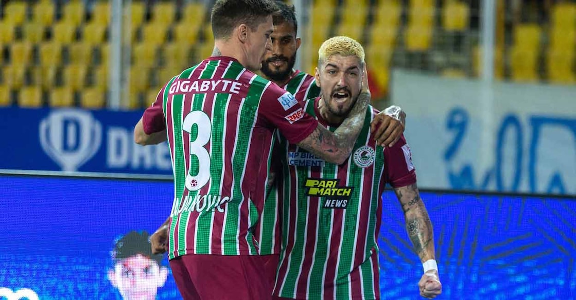ATK Mohun Bagan players celebrate a goal against Bengaluru FC. Photo: ISL