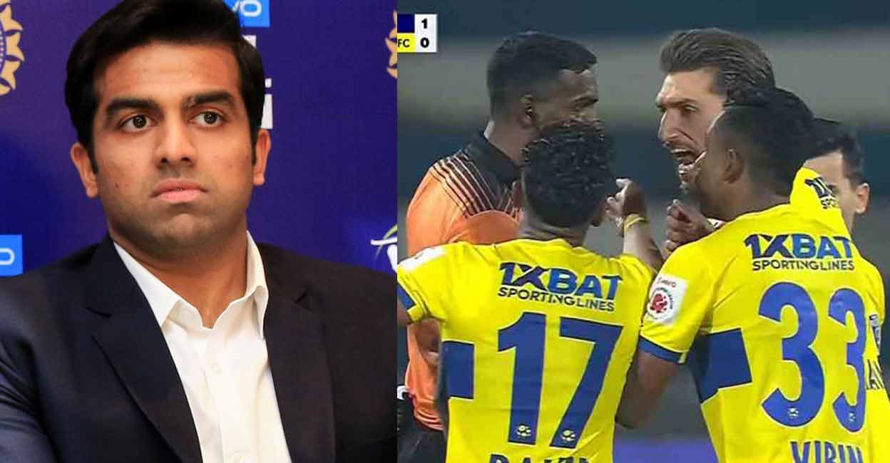 Bengaluru FC owner Parth Jindal (left). A screenshot of Kerala Blasters' players protesting with referee Crystal John after BFC scored a controversial freekick goal. Photo: PTI
