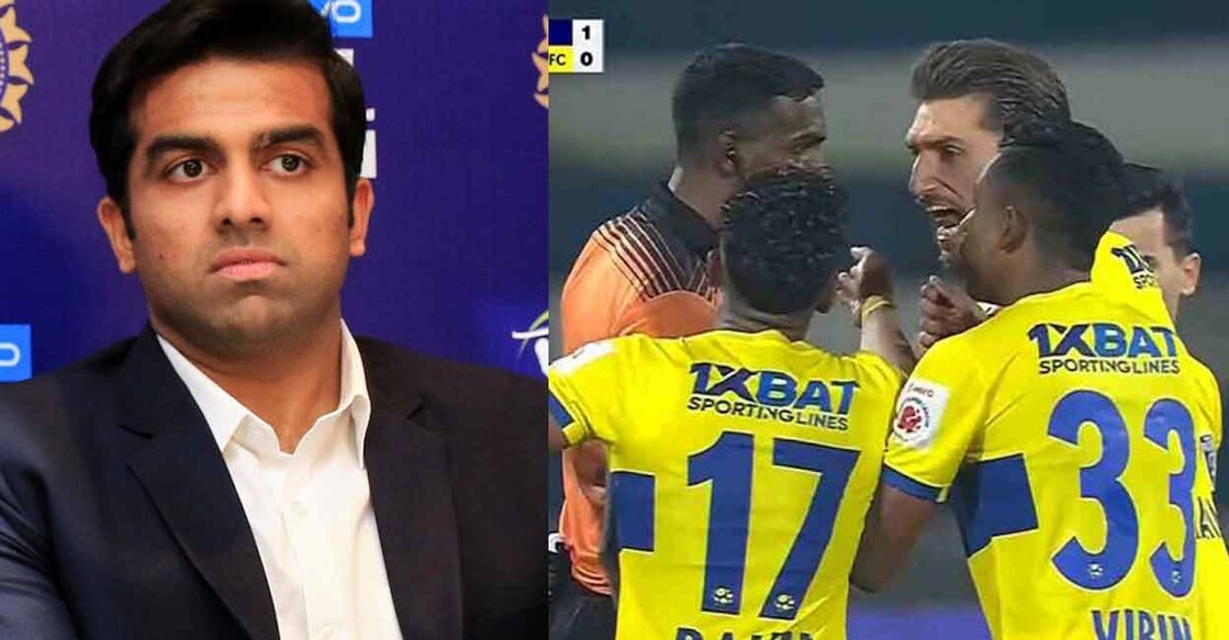 Bengaluru FC owner Parth Jindal (left). A screenshot of Kerala Blasters' players protesting with referee Crystal John after BFC scored a controversial freekick goal. Photo: PTI
