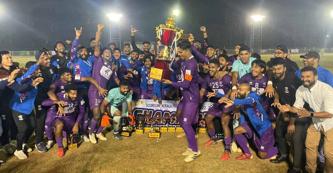 Kerala United players celebrate with the Kerala Premier League trophy in Wayanad on Sunday. Photo: Special arrangement
