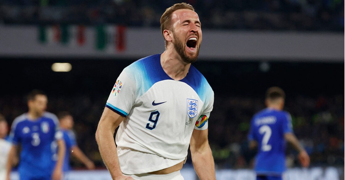 England's Harry Kane celebrates scoring their second goal and breaking the England goalscoring record. Photo: REUTERS/Ciro De Luca