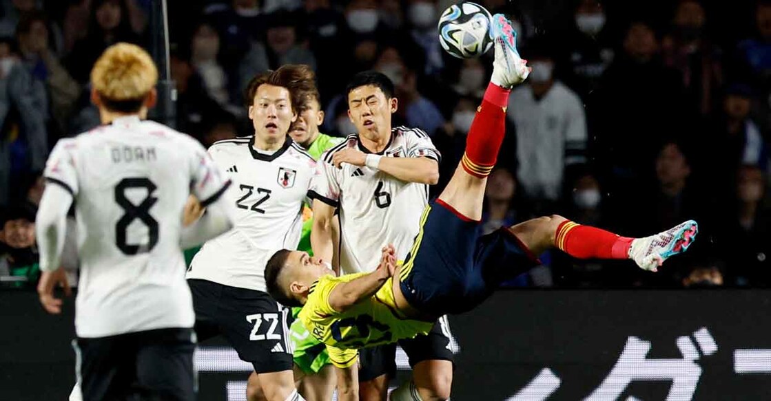 Colombia's Rafael Borre scores an acrobatic goal. Photo: Reuters/Issei Kato