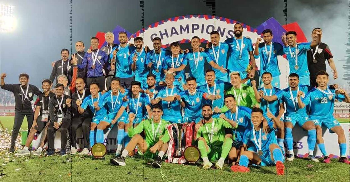 Indian players and support staff pose with the trophies and medals after winning the Tri-Nation tournament in Imphal on Tuesday. Photo: Twitter/@IndianFootball