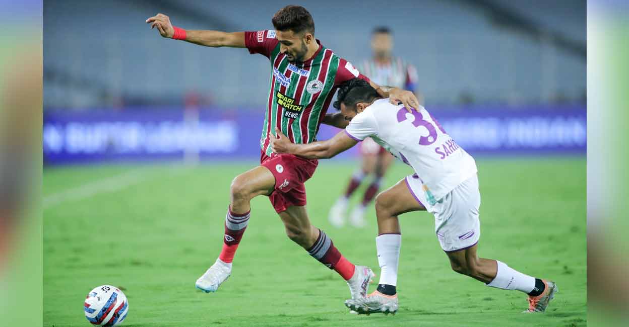Action between Odisha FC (white) and ATK Mohun Bagan. Photo: Twitter/@atkmohunbaganfc