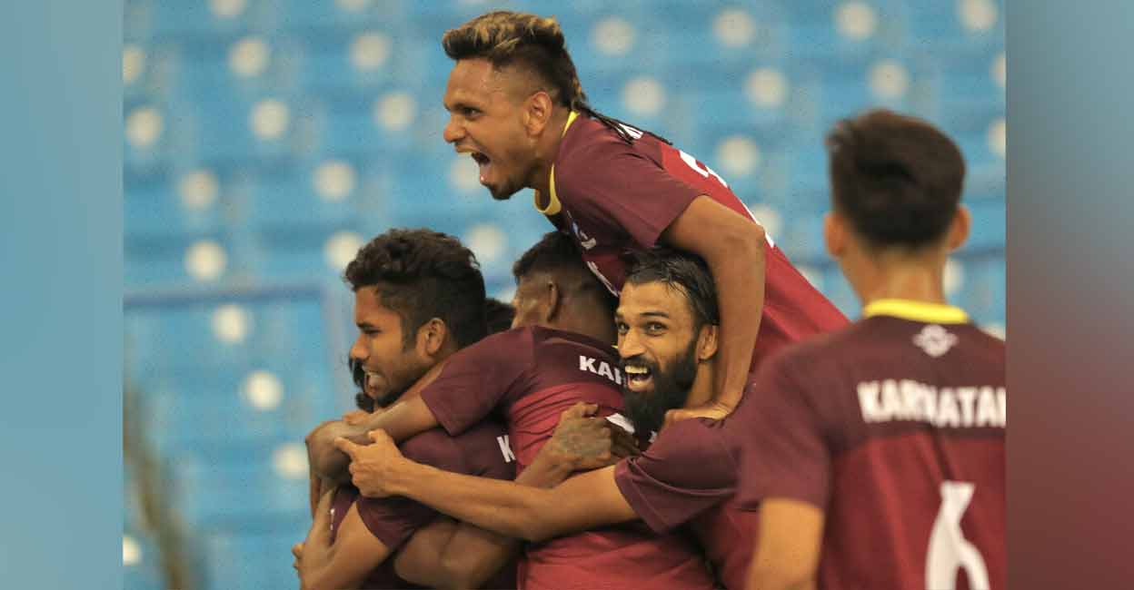 kar-santosh-trophy Karnataka players celebrate a goal against Meghalaya in the final of the Santosh Trophy in Riyadh on Saturday. Photo: AIFF