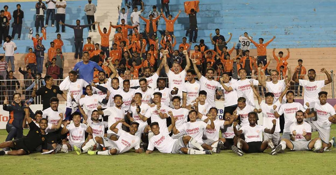 Players of RoundGlass Punjab pose after sealing their I-League title. Photo: I-League