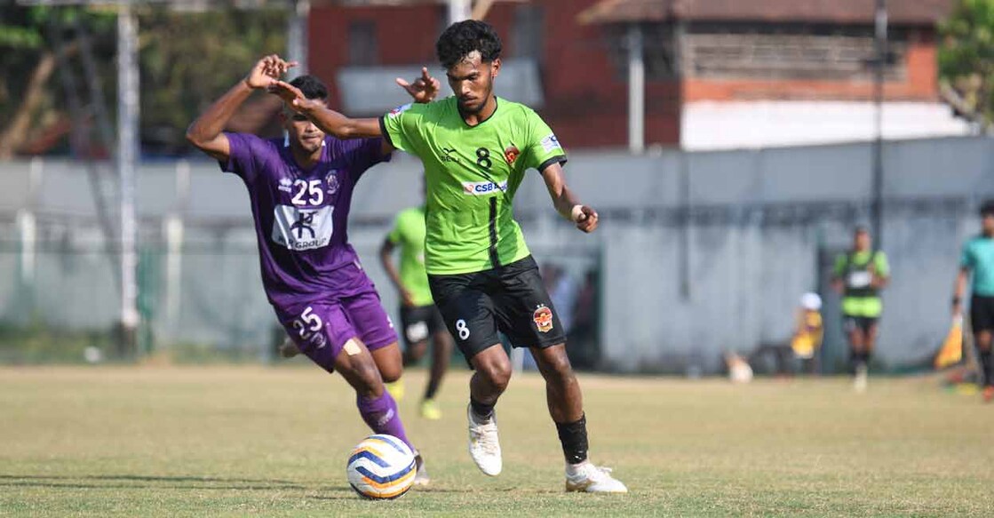 Action between Gokulam Kerala (green) and Sudeva Delhi in the I-League in New Delhi on Monday. Photo: Gokulam Kerala