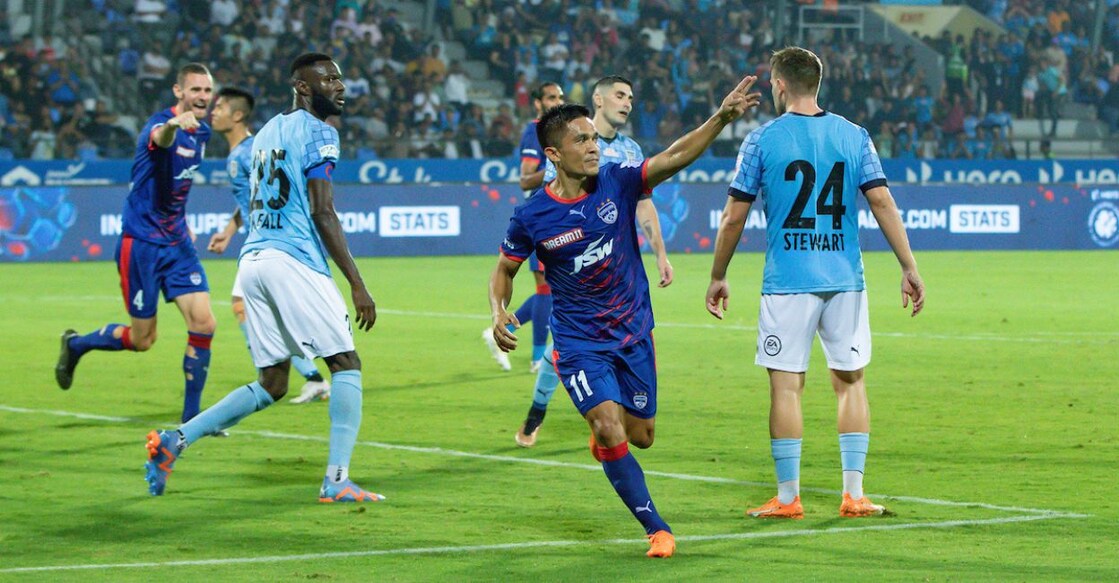 BFC's Sunil Chhetri celebrates his goal at the Mumbai Football Arena. Photo: Special Arrangement