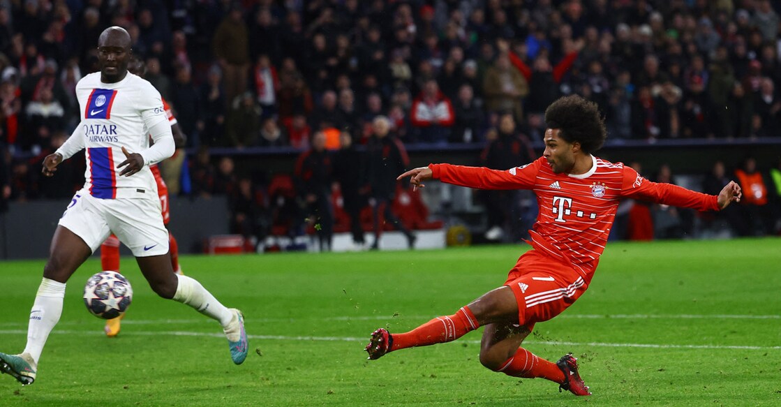 Bayern Munich's Serge Gnabry scores their second goal in Champions League's Bayern Munich v Paris St Germain match. Photo: REUTERS/Kai Pfaffenbach