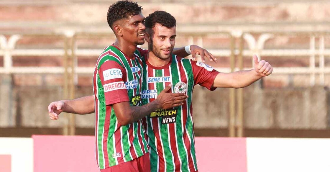 ATK Mohun Bagan's Liston Colaco and Hugo Boumous celebrate a goal. Photo: Twitter@IndianFootball