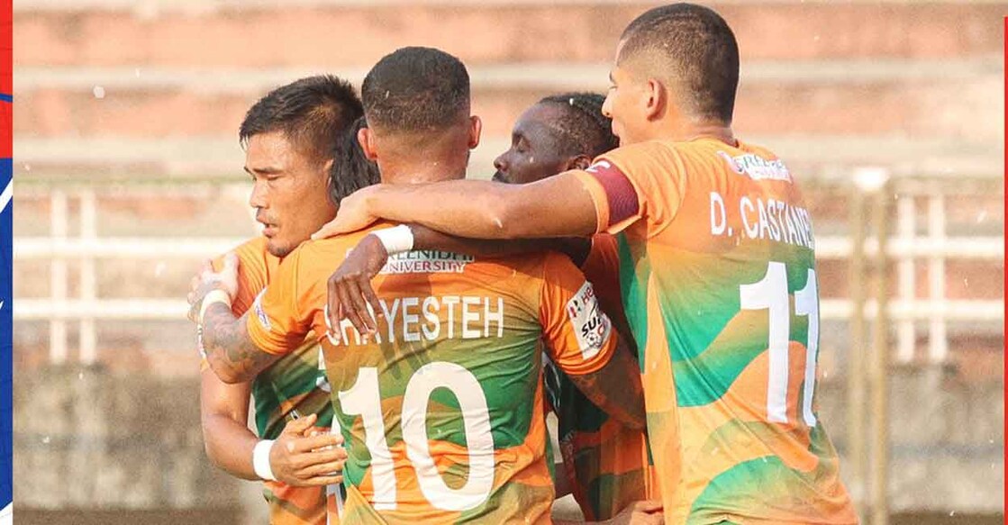 Sreenidi Deccan players celebrate a goal. Photo: Twitter@IndianFootball