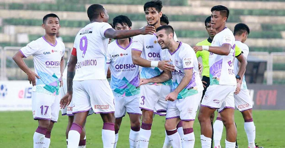 Odisha FC players celebrate a goal. Photo: Twitter@IndianFootball