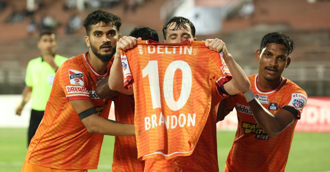 fc-goa-celebration FC Goa players celebrate their goal against Gokulam Kerala by displaying the shirt of captain Brandon Fernandes whose father Joaquim died the other day. Photo: Special arrangement