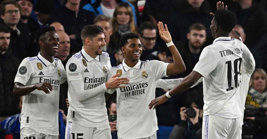 Real Madrid players celebrate their second goal. Photo: Reuters/Dylan Martinez