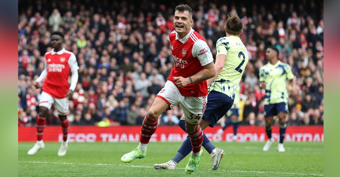 Arsenal's Granit Xhaka celebrates scoring their fourth goal against Leeds United. Photo: Reuters/David Klein
