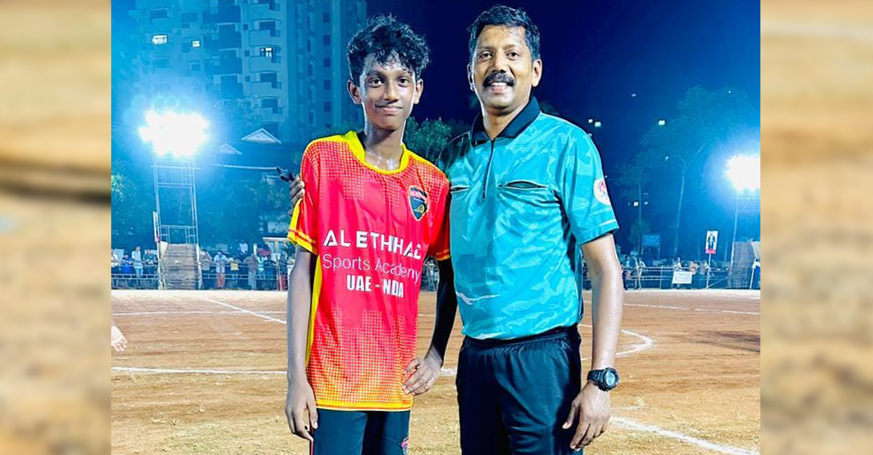 govind-santhosh-referee Santhosh Kumar (right) with his son Govind Bhaskar after the match. Photo: Facebook/santhoshfifa