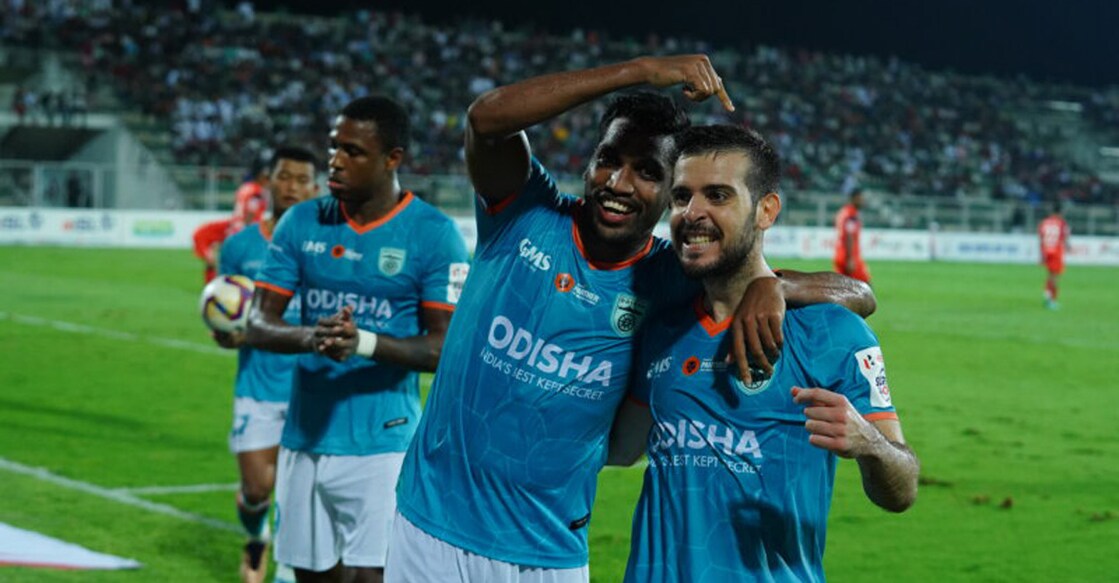 Odisha FC players celebrate their victory against NEUFC in the second semifinal of the Super Cup in Manjeri on Saturday. Photo: AIFF