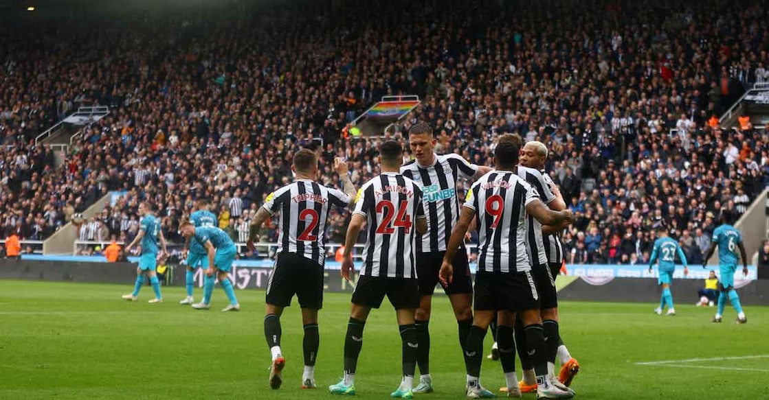 Newcastle United's Callum Wilson celebrates scoring their sixth goal with teammates. Photo: Action Images via Reuters/Lee Smith