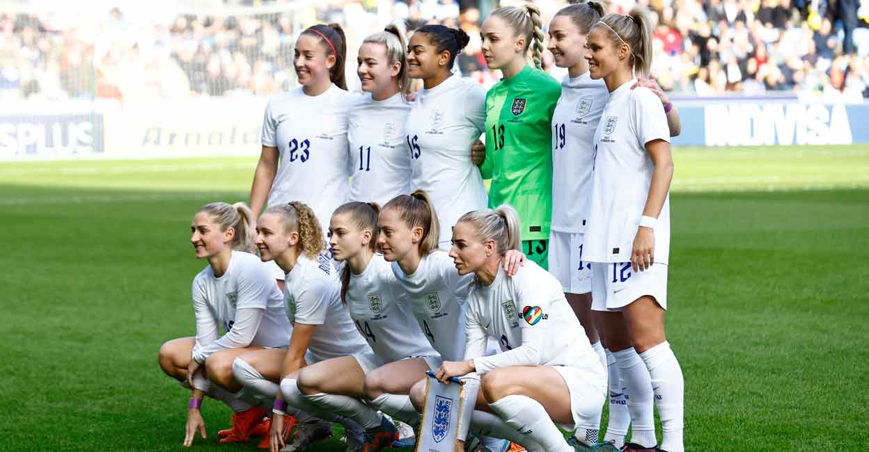 England women's football team switch to blue shorts over period concerns England players pose for a team photo. File photo: Action Images via Reuters/Andrew Boyers