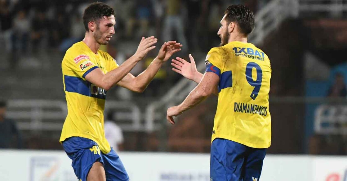 Dimitrios Diamantakos, right, drew first blood for Blasters. Photo: Twitter@IndianFootball