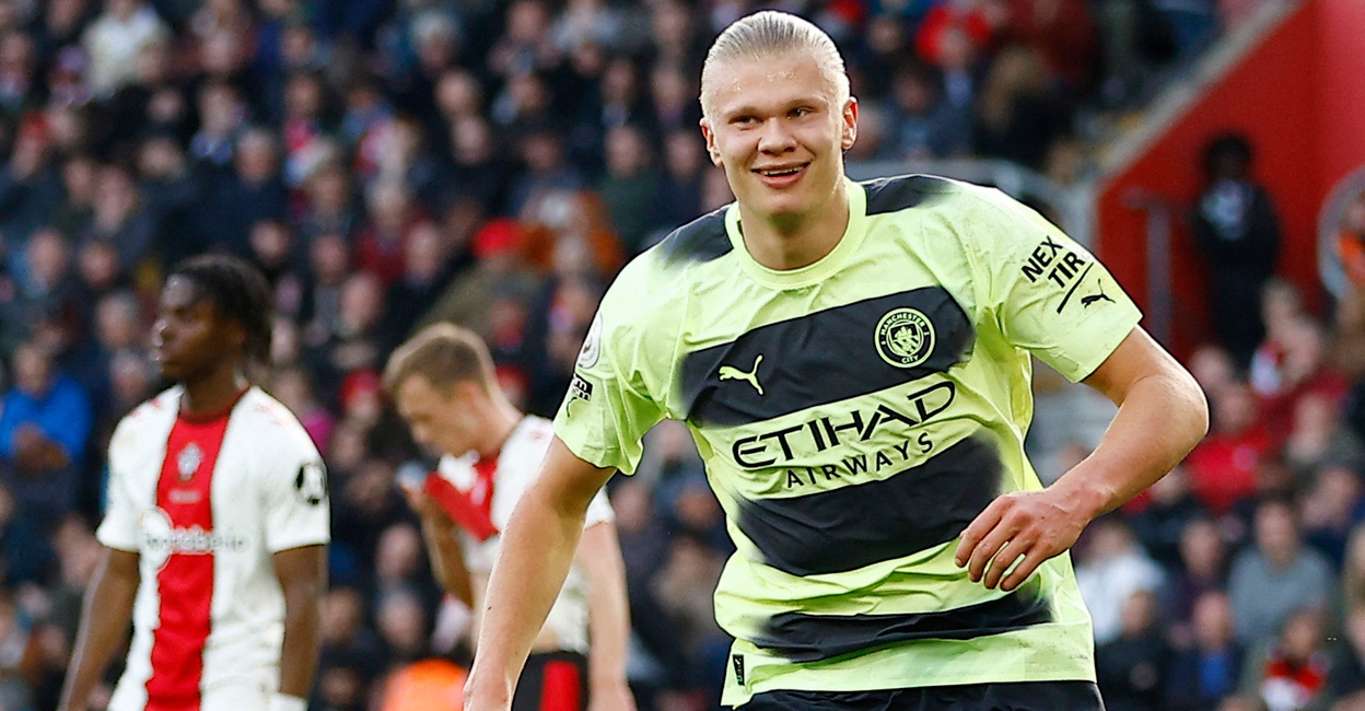SOCCER-ENGLAND-SOU-MCI-REPORT Manchester City's Erling Braut Haaland celebrates scoring their third goal. Photo: Reuters/Peter Nicholls