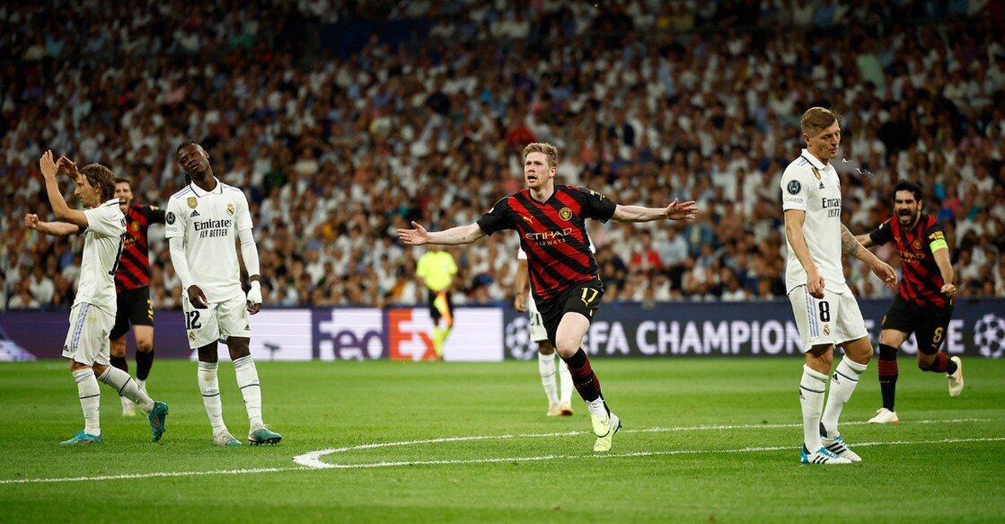 Manchester City's Kevin De Bruyne celebrates scoring their first goal during the Champions League - Semi Final - First Leg - Real Madrid v Manchester City match on Tuesday. Photo: REUTERS/Juan Medina