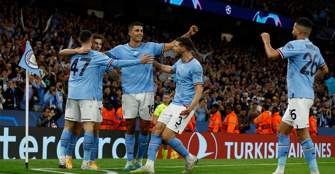 Manchester City's Julian Alvarez celebrates scoring their fourth goal with Phil Foden, Rodri, Ruben Dias and Riyad Mahrez in Champions League - Semi Final - Second Leg - Manchester City v Real Madrid match on Wednesday. Photo: REUTERS/Molly Darlington