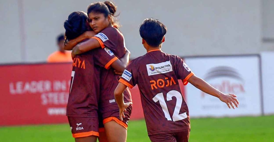 Gokulam Kerala players celebrate a goal. Photo: Twitter@GokulamKeralaFC