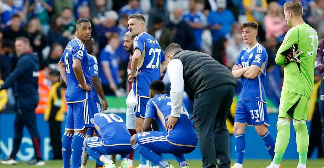 Leicester City players look dejected after being relegated from the Premier League. Photo: Reuters/Molly Darlington