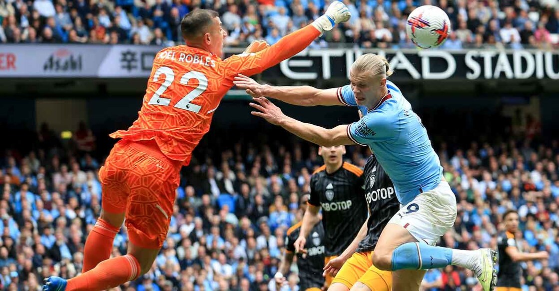 Leeds United's goalkeeper Joel Robles thwarts Erling Haaland. Photo: AFP/Lindsey Parnaby
