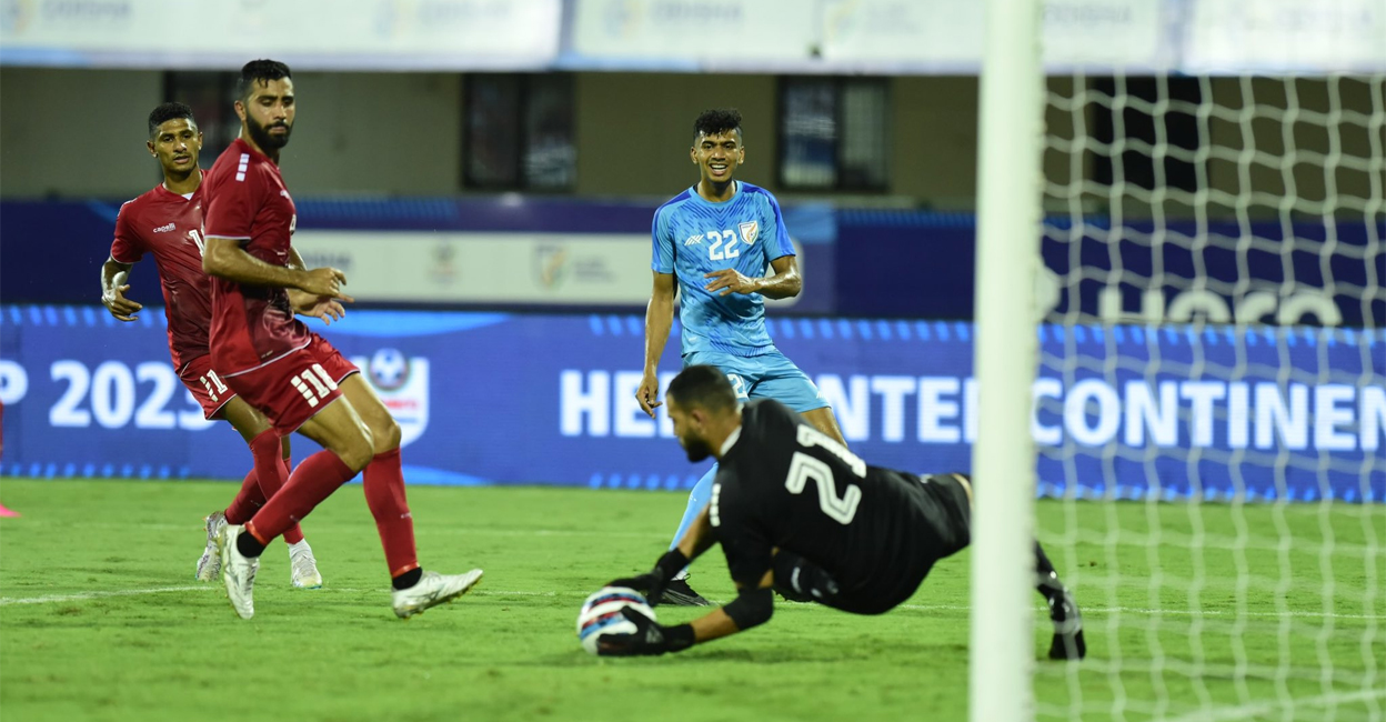 india-vs-lebanon Action between India (blue) and Lebanon in the Intercontinental Cup. Photo: Twitter/@IndianFootball