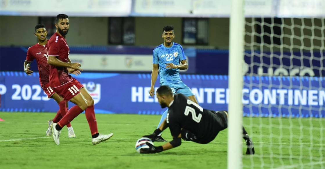 Action between India (blue) and Lebanon in the Intercontinental Cup. Photo: Twitter/@IndianFootball