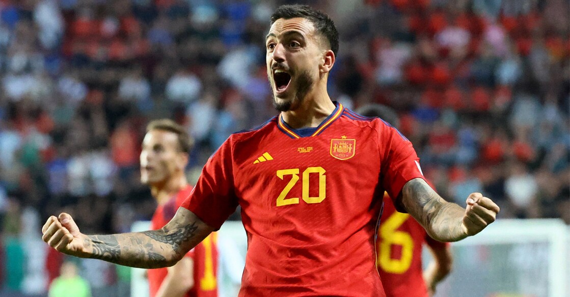 Spain's Joselu celebrates scoring their second goal during the UEFA Nations League - Semi Final - Spain v/s Italy match on Thursday. Photo: REUTERS/Wolfgang Rattay