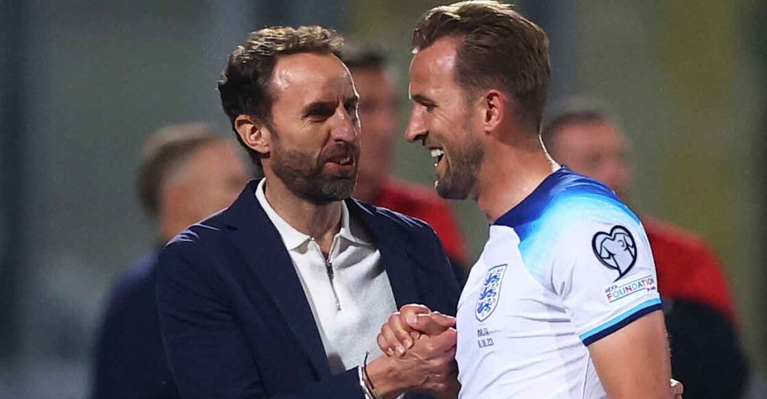 England's Harry Kane, right, shakes hands with manager Gareth Southgate after being substituted. Photo: Action Images via Reuters/Lee Smith