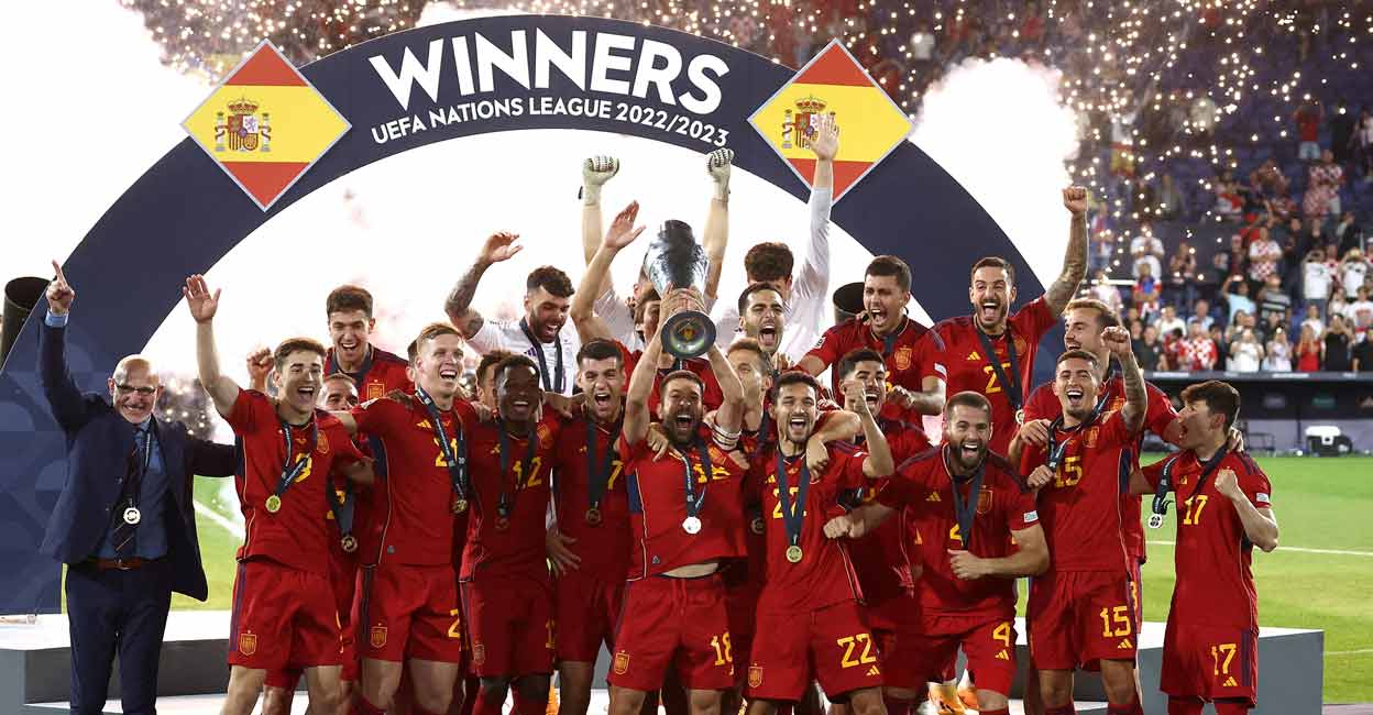 Spain's Jordi Alba lifts the trophy with teammates after winning the UEFA Nations League final. against Croatia Photo: REUTERS/Yves Herman
