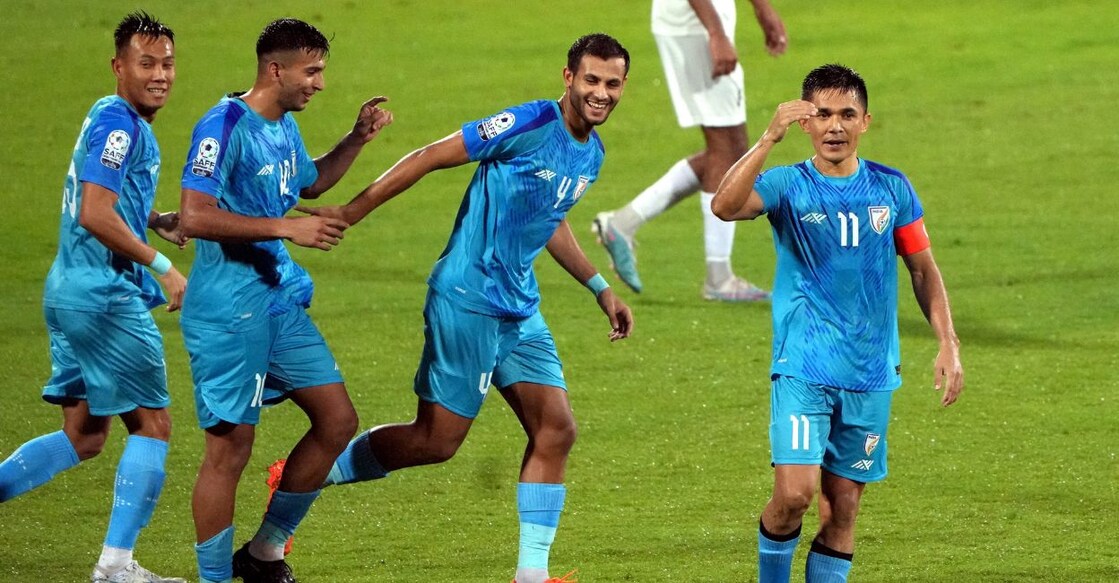 Indian Captain Sunil Chhetri with team mates celebrates after scoring a goal during the match against Pakistan at SAFF Championship 2023 at Kanteerava Stadium in Bengaluru, Wednesday, June 21, 2023. Photo: PTI
