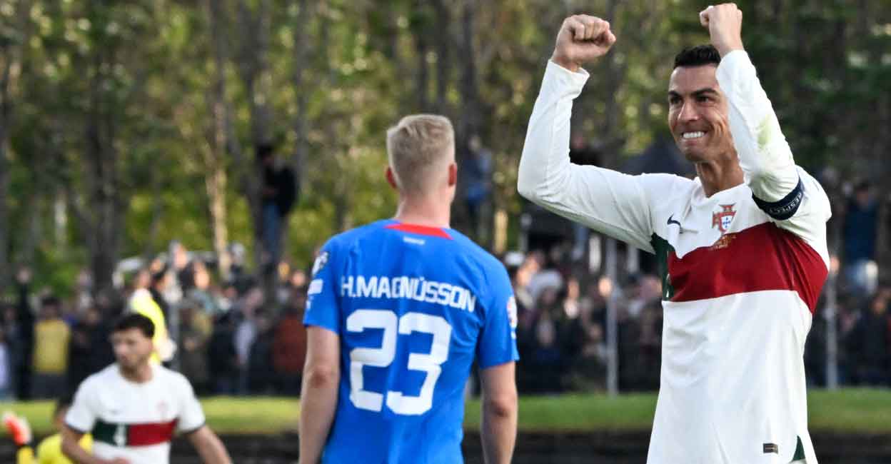 Cristiano Ronaldo exults after netting the winner. Photo: AFP/Halldor Kolbeins 