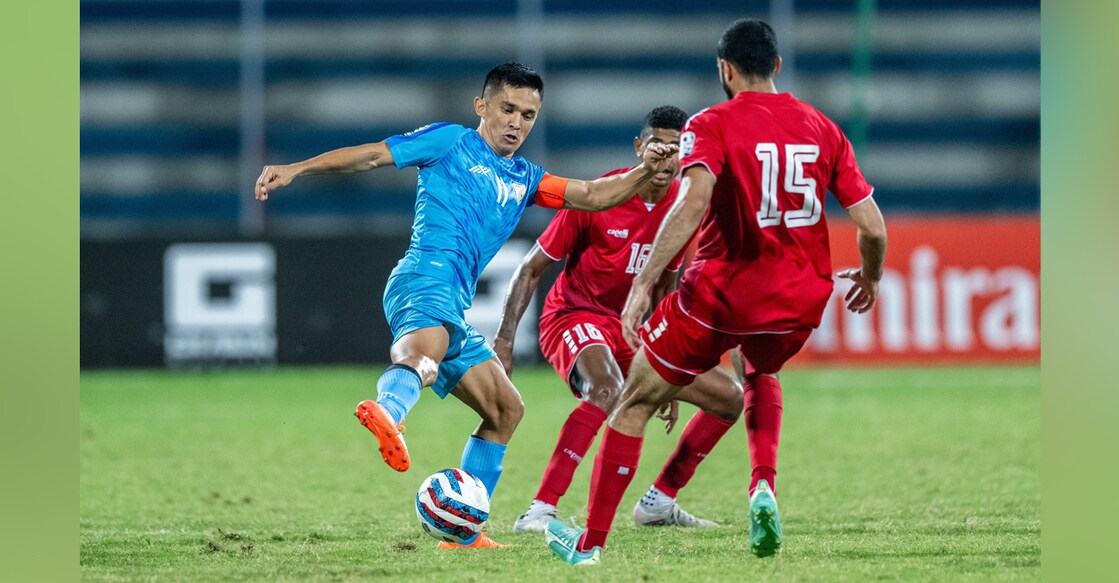 Indian skipper Sunil Chhetri vies for the ball with Lebanon players. Photo: Twitter/@IndianFootball