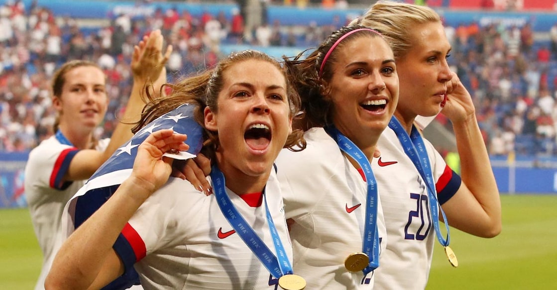 Lindsey Horan, Alex Morgan and Allie Long of the US celebrate winning the 2019 World Cup. File photo: Reuters/Denis Balibouse
