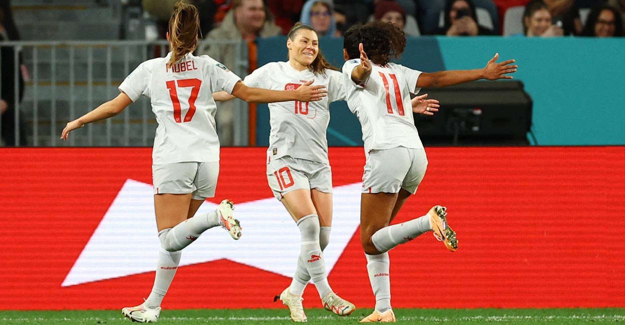 Ramona Bachmann Switzerland's Ramona Bachmann, centre, celebrates scoring their first goal with Coumba Sow and Seraina Piubel. Photo: Reuters/Molly Darlington