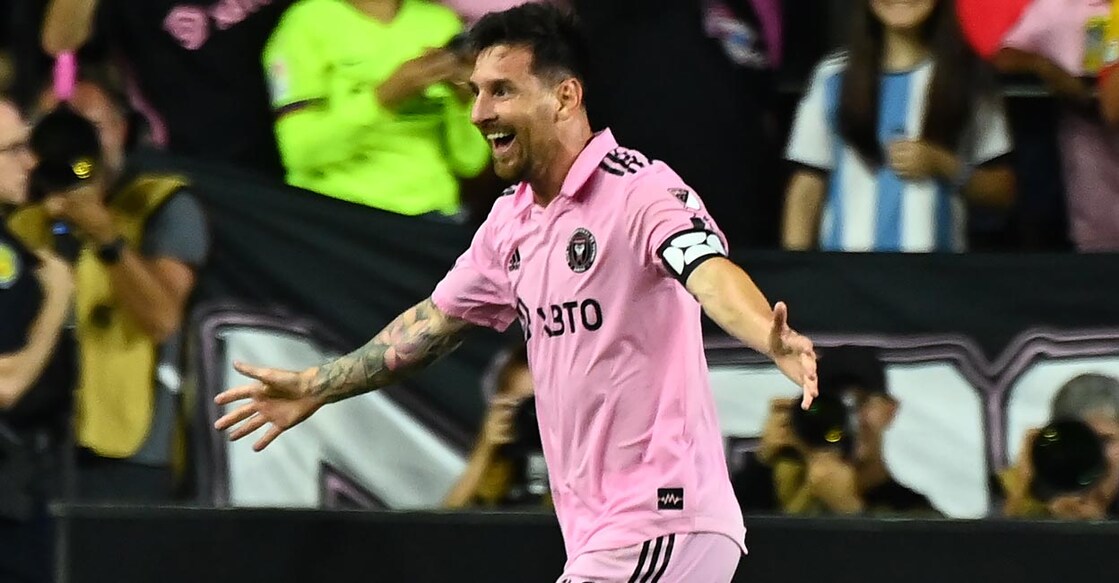 Lionel Messi celebrates after the winner. Photo: AFP/Chandan Khanna