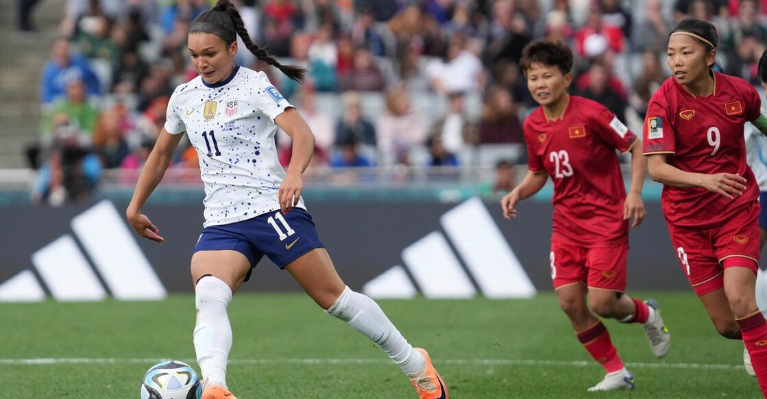 USA forward Sophia Smith gets the ball past Vietnam's Huynh Nhu. Photo: USA TODAY Sports/Reuters/Jenna Watson