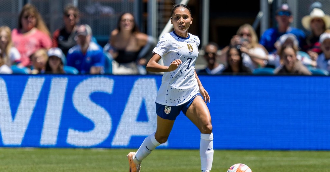 Untitled design - 1 United States of America midfielder Alyssa Thompson (7) shoots against Wales during the first half at PayPal Park. Photo: Reuters/ John Hefti/ USA TODAY Sports.
