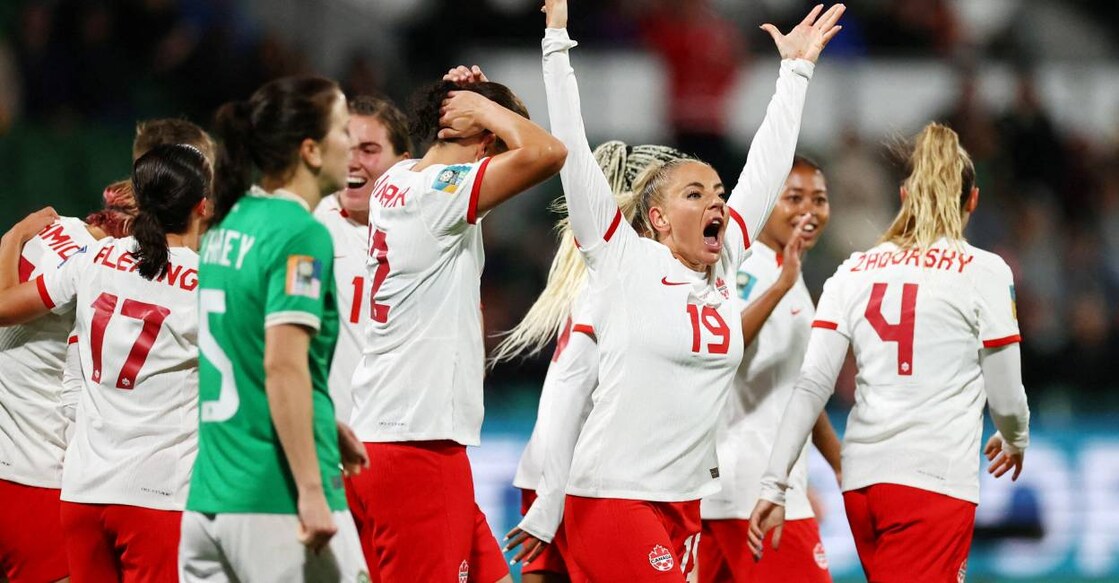 Canada's Adriana Leon celebrates scoring their second goal with teammates. Photo: Reuters