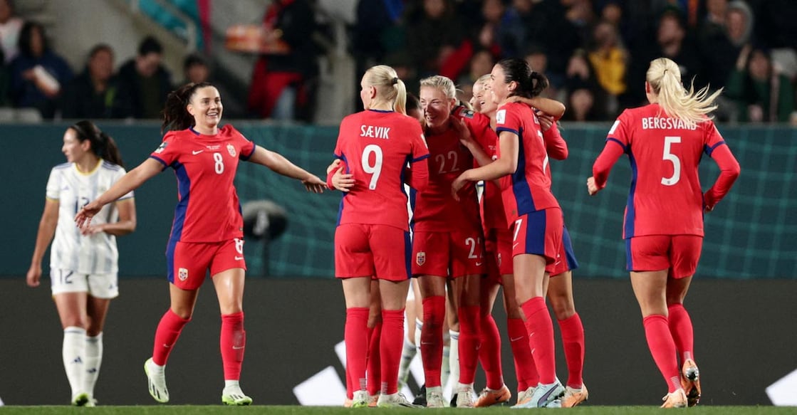 Norway players celebrate their sixth goal. Photo: Reuters/David Rowland