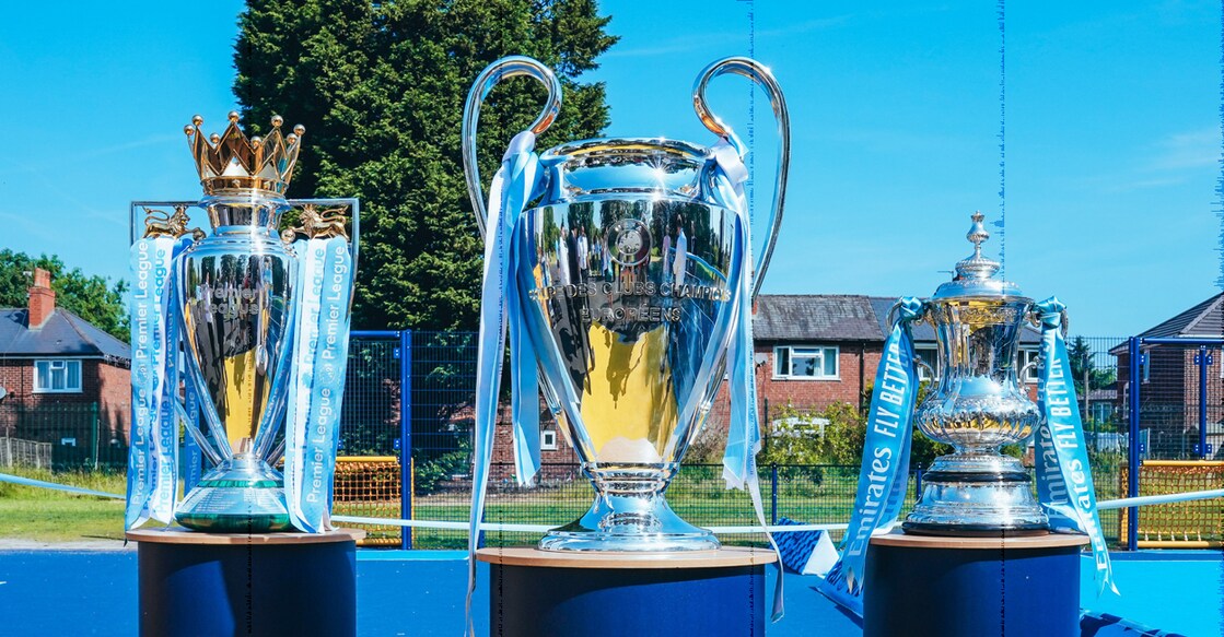 Manchester City won the Premier League (left), Champions League (centre) and FA Cup, completing a treble, in the 2022-23 football season. Photo: Twitter/@ManCity